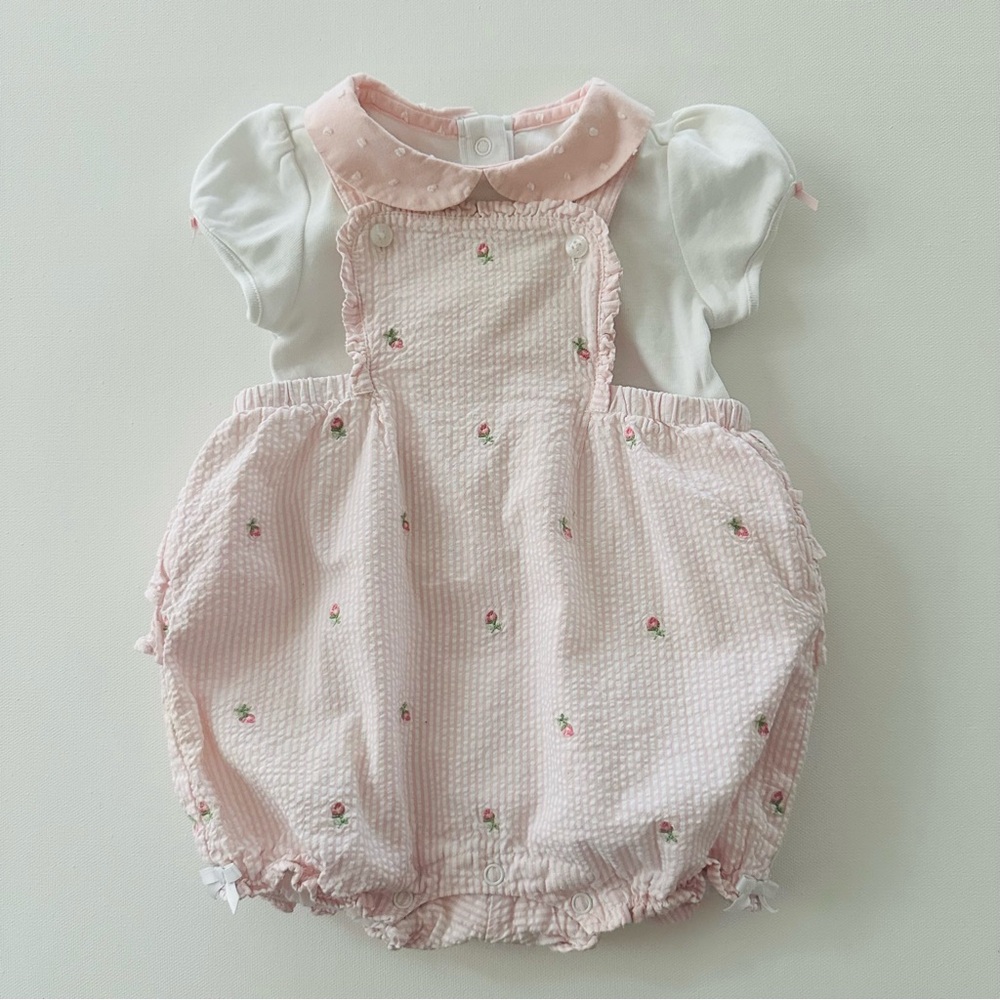 Janie and Jack Baby Girl 3-6 Months Pink Ruffle Romper Set Floral Spring Summer